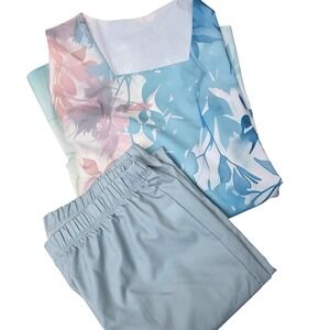 Womens XL Floral Tunic and Wide Leg Pants Set Blue Pink Botanical 2 Piece